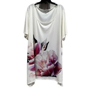 Soft Oversized Floral Tunic Top w/ Draped Neckline & Hi-Low Hem